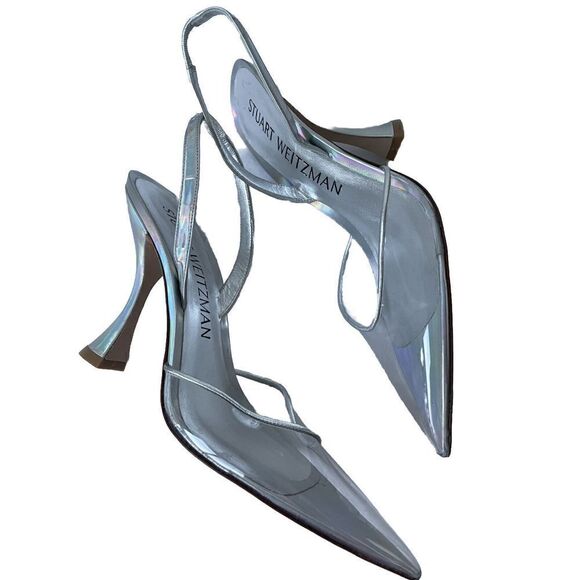 stuart weitzman xcurve iridescent halter slingback pumps in silver clear sz 10 - Picture 5 of 6